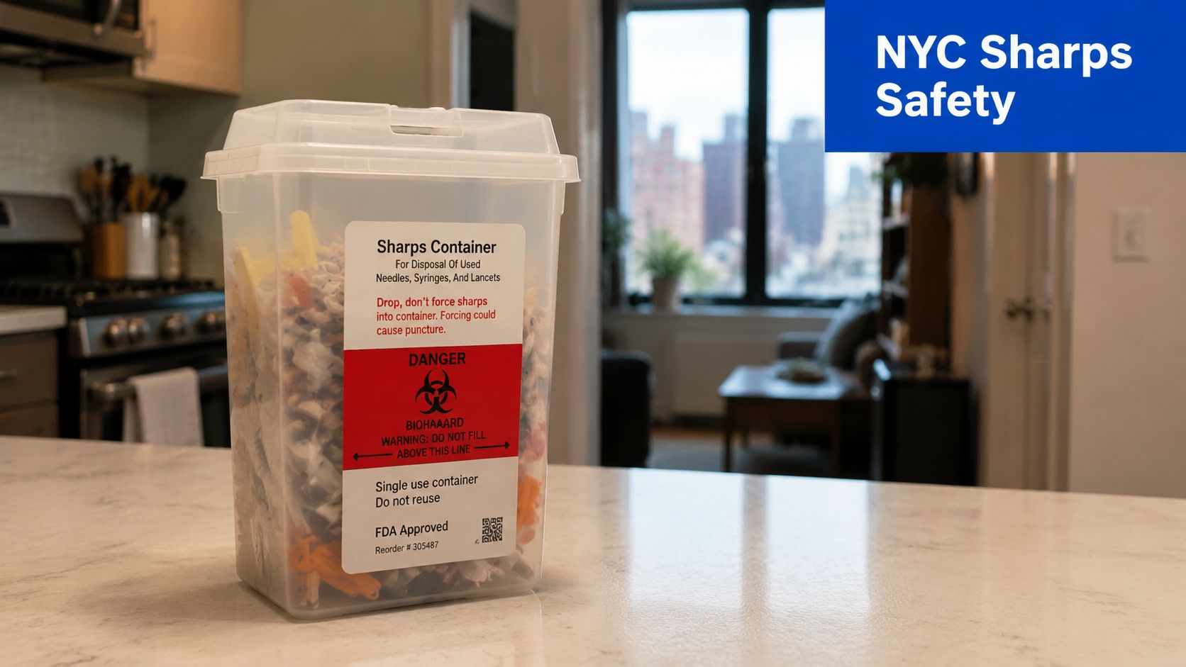 A clear plastic sharps disposal container sitting on a white kitchen counter in a New York City apartment.