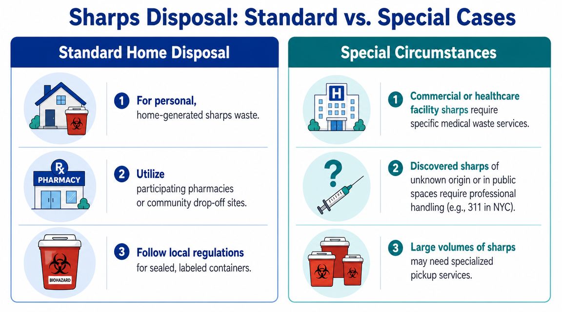 An infographic detailing guidelines for standard home sharps disposal versus special circumstances for medical waste.