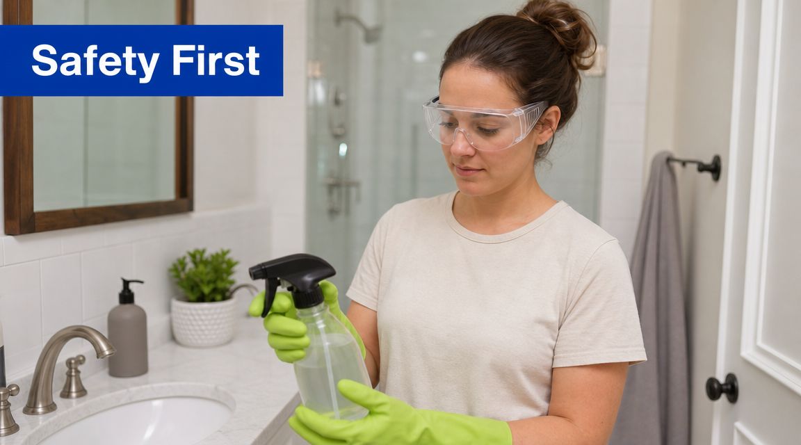 A woman wearing protective safety goggles and green gloves holding a spray bottle in a bathroom.