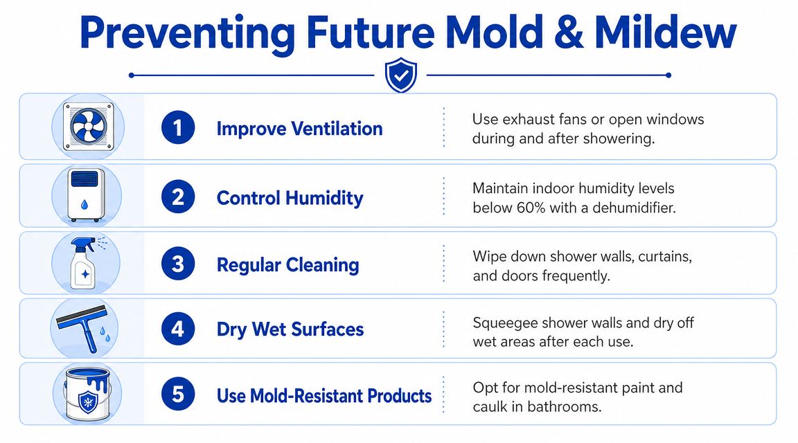 An infographic titled Preventing Future Mold and Mildew listing five helpful tips for homeowners to prevent mold.