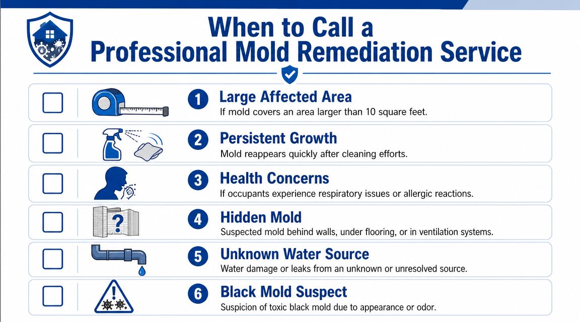 An infographic titled When to Call a Professional Mold Remediation Service listing six reasons for expert help.