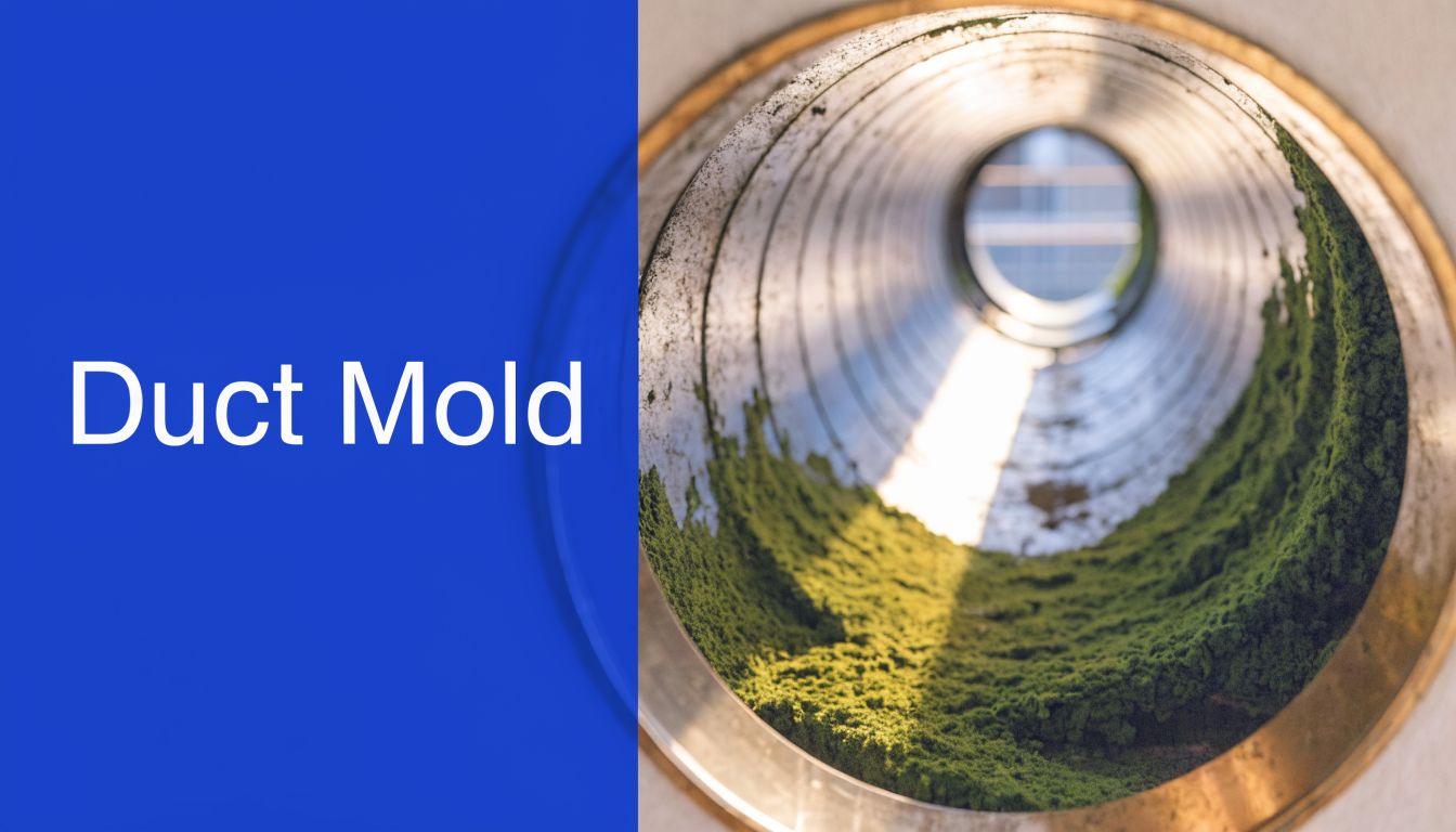 A close-up view inside a ventilation duct showing significant green mold growth along the interior walls.
