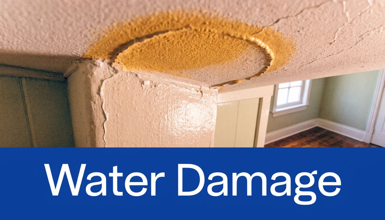 A yellow water stain and cracked paint on a ceiling indicating potential water damage and mold.