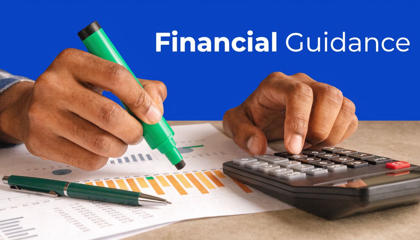 A close up of a person using a highlighter and calculator to analyze financial charts and data.