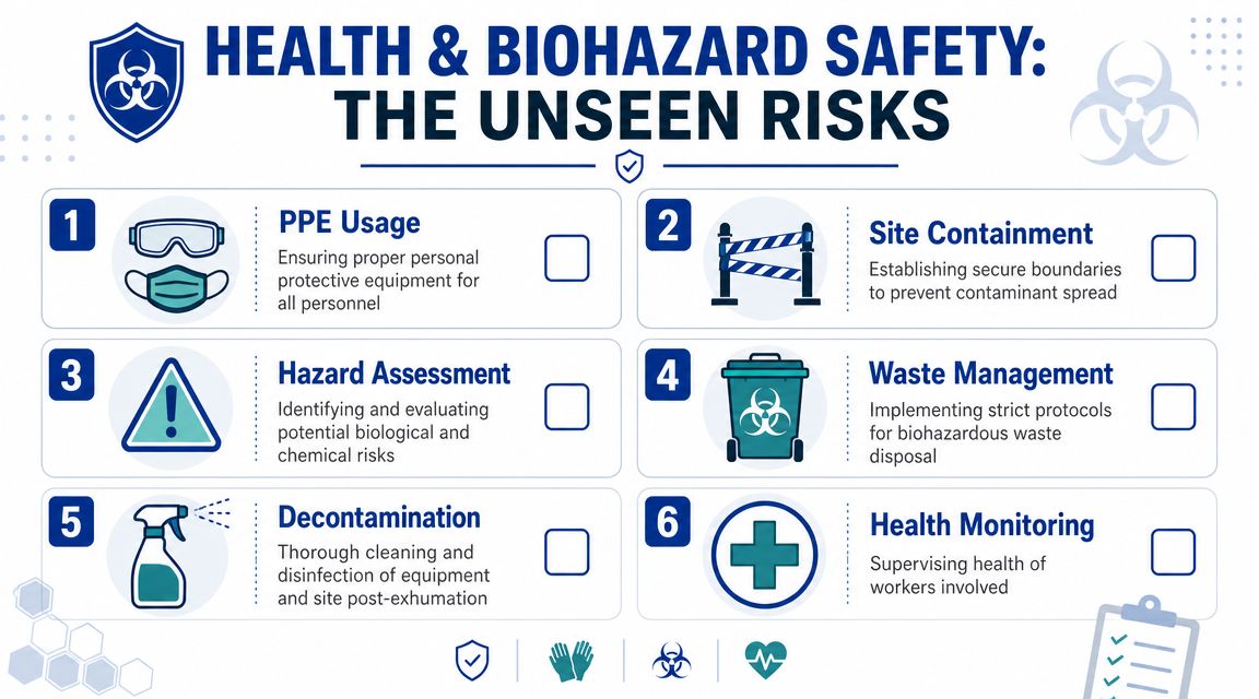 A safety infographic detailing six essential protocols for health and biohazard protection during exhumation processes.