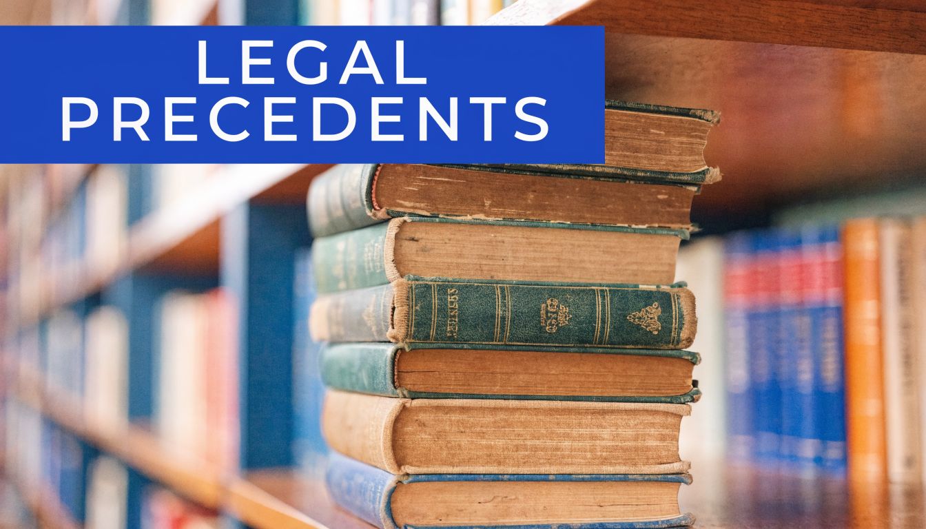 A stack of old vintage books on a wooden library shelf with the title Legal Precedents above.