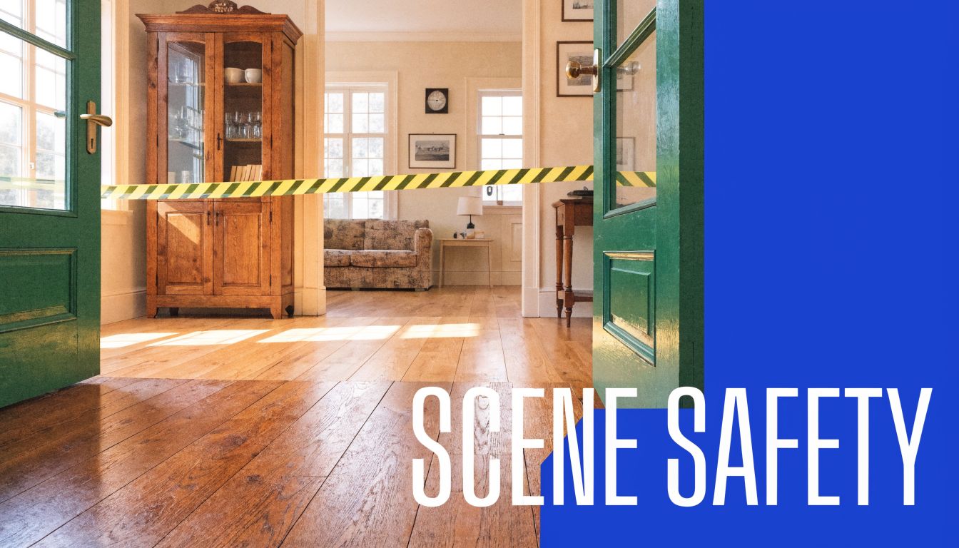 A yellow and black caution tape stretches across an open doorway in a modern living room interior.