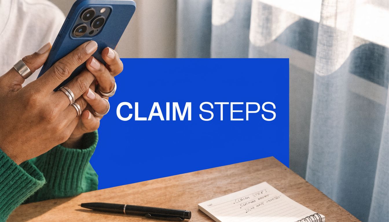 A person holding a blue smartphone while preparing to write down claim steps on a notebook.