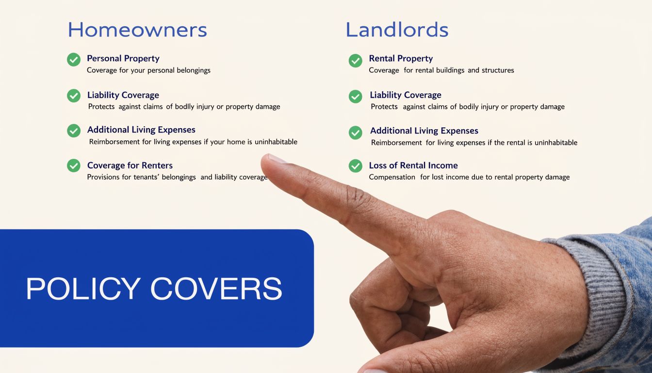 A hand pointing to a comparison chart detailing insurance policy coverage for homeowners and landlords side-by-side.