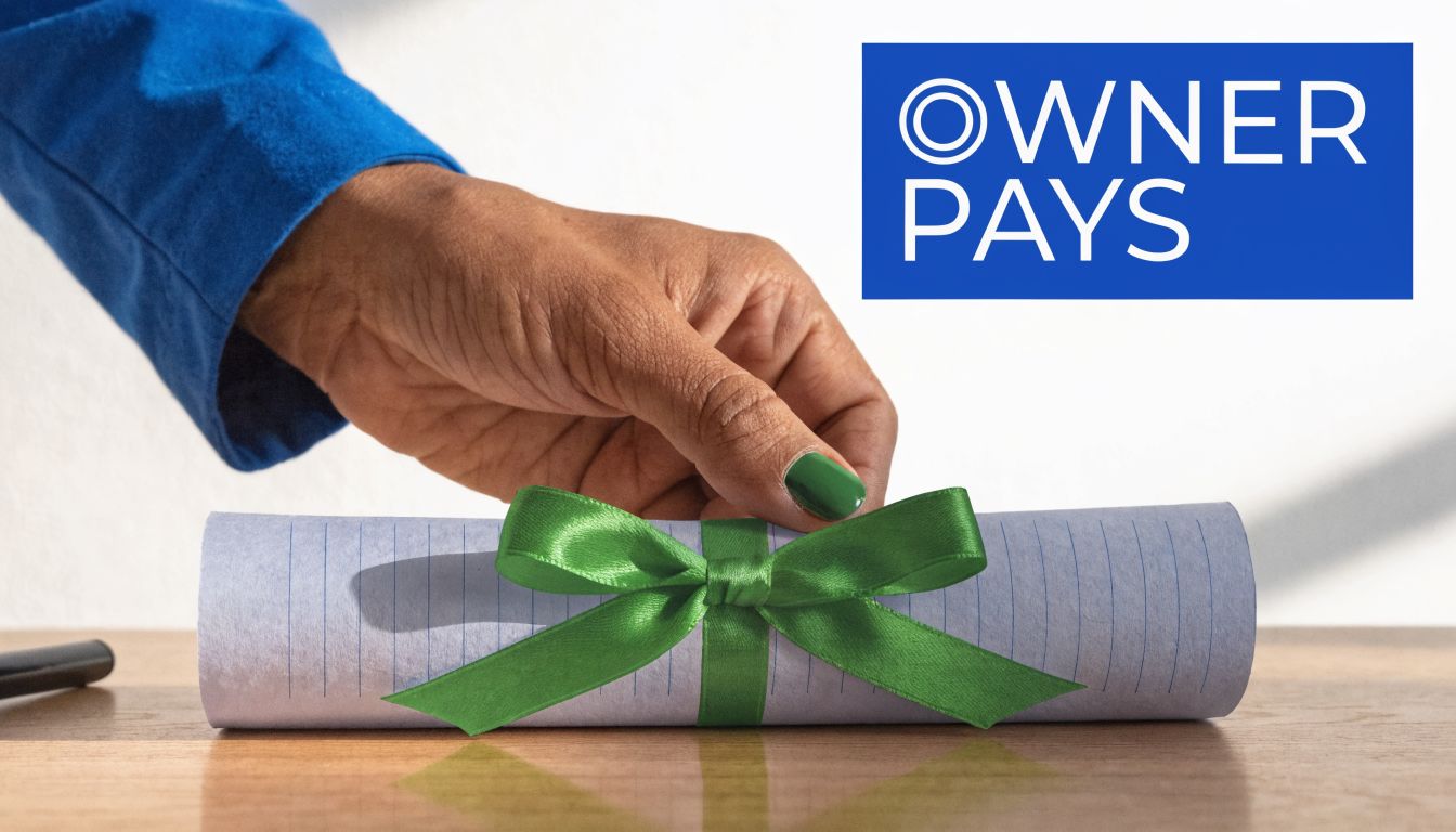 A hand placing a rolled document tied with a green ribbon next to an Owner Pays sign.