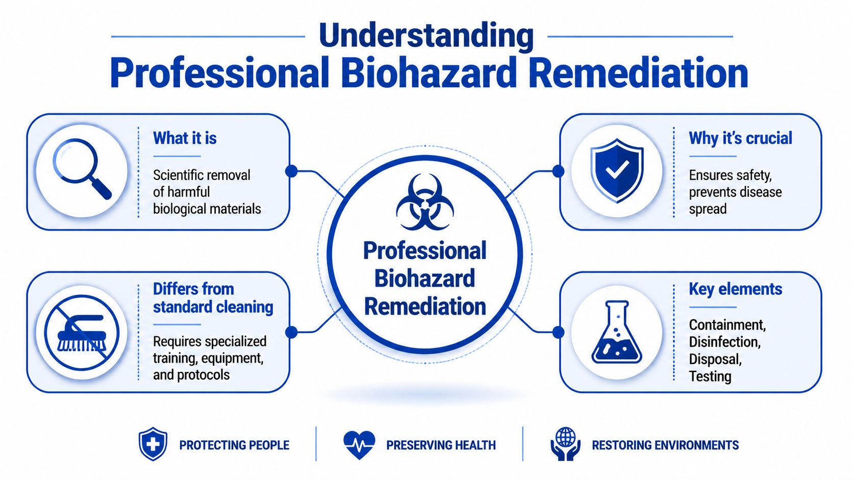 An infographic titled Understanding Professional Biohazard Remediation explaining its definition, importance, differences from regular cleaning, and key elements.