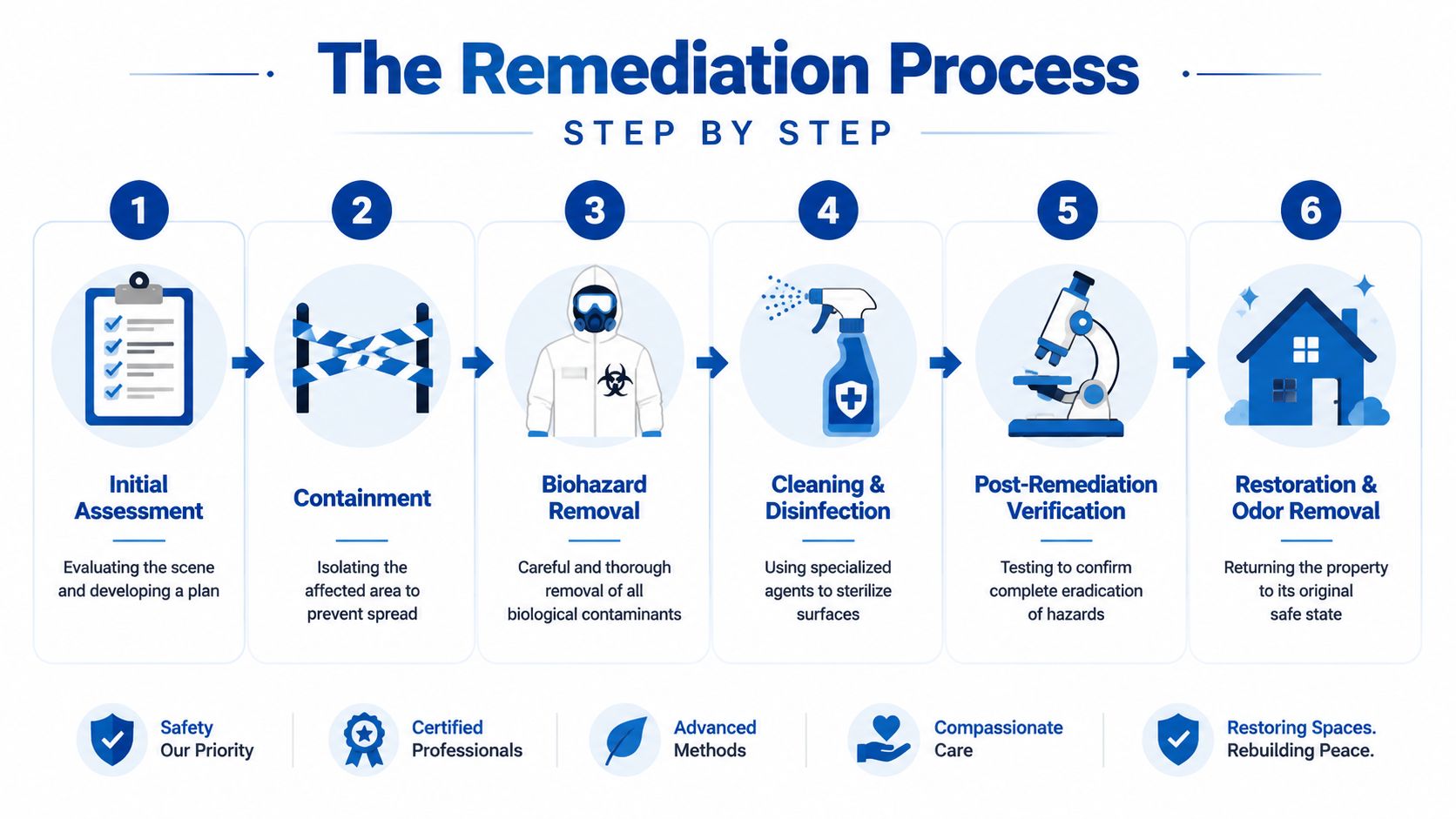 A six-step infographic illustrating the professional biohazard remediation process from initial assessment to final property restoration.