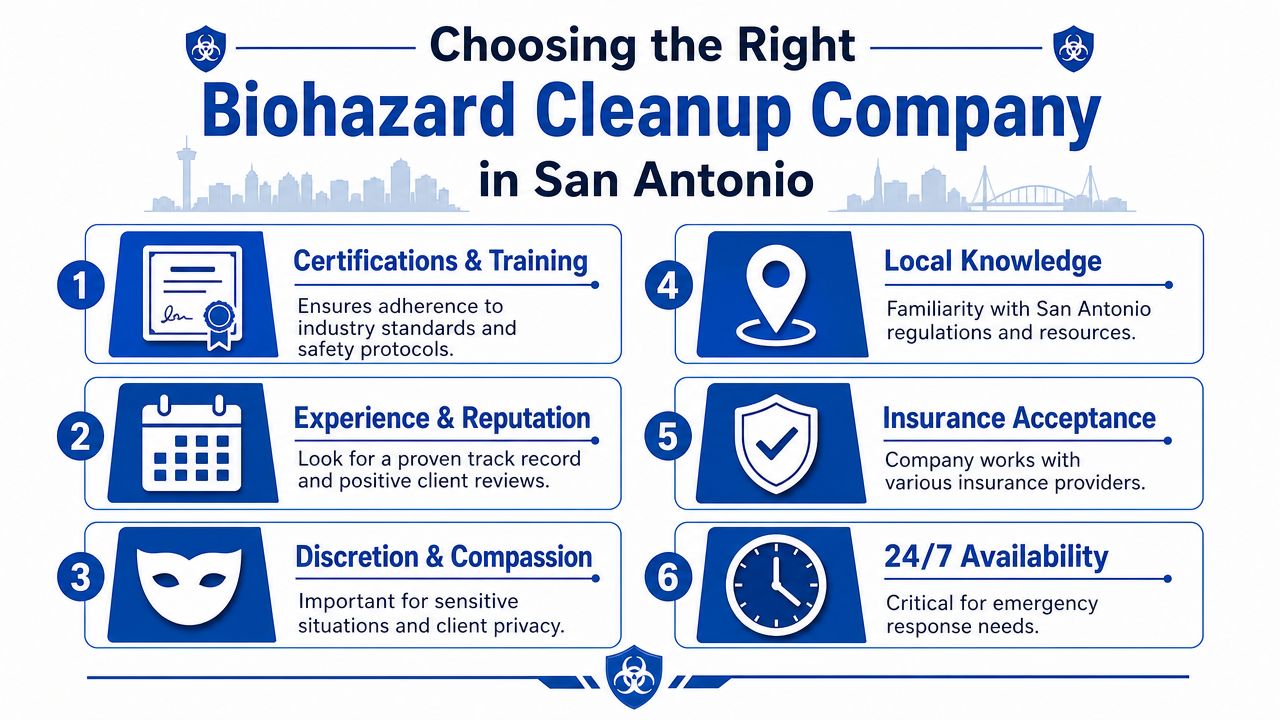 An infographic titled Choosing the Right Biohazard Cleanup Company in San Antonio outlining six essential selection criteria.