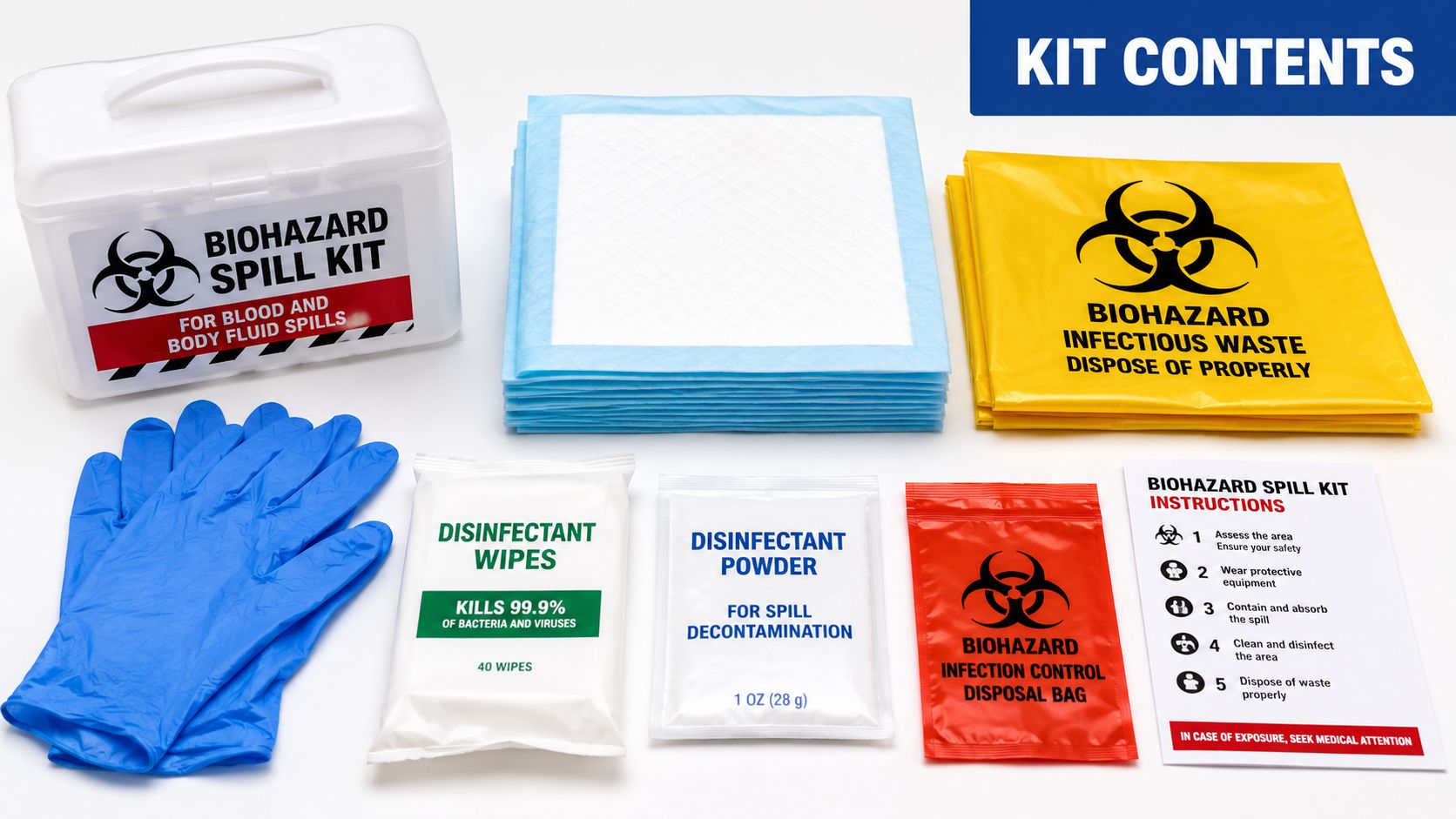 A professional biohazard spill kit containing cleaning supplies for blood and bodily fluid clean up tasks.