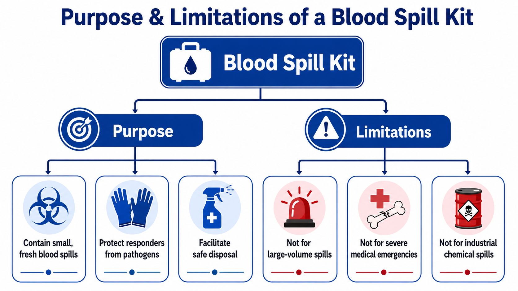 A diagram outlining the intended purpose and usage limitations of a medical blood spill cleanup kit.