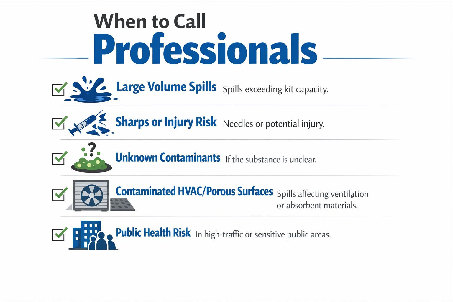 A safety infographic detailing specific hazardous scenarios when professional spill cleanup services should be contacted immediately.