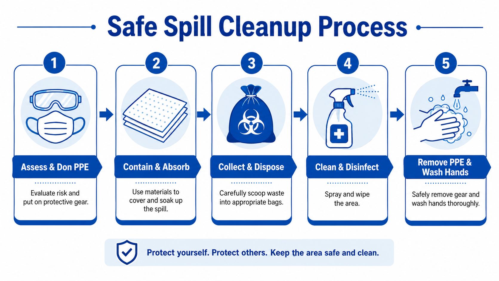 A five-step infographic showing the safe spill cleanup process, starting with wearing PPE and ending with washing hands.