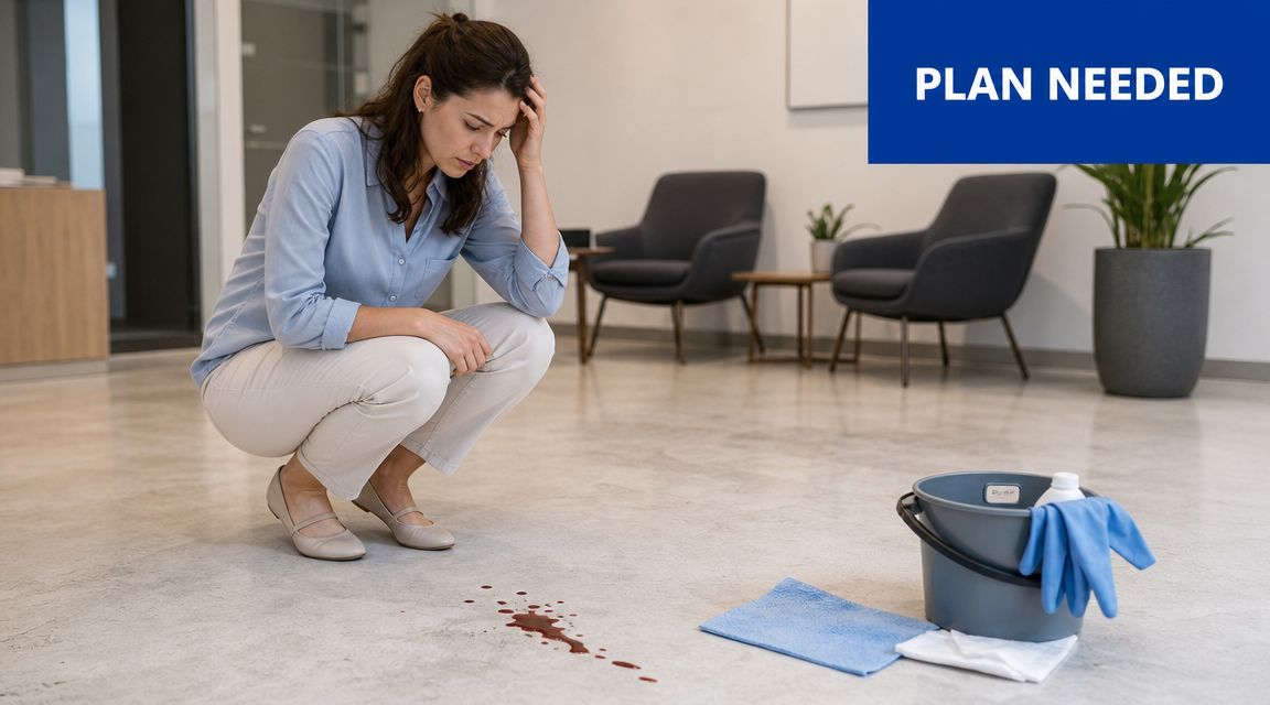 A concerned woman crouching beside a blood spill on a floor with cleaning supplies nearby.