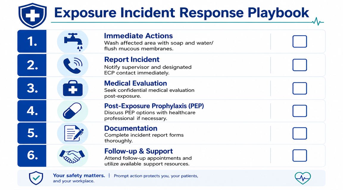 A six-step exposure incident response playbook infographic detailing immediate actions, reporting, medical evaluation, and follow-up procedures.