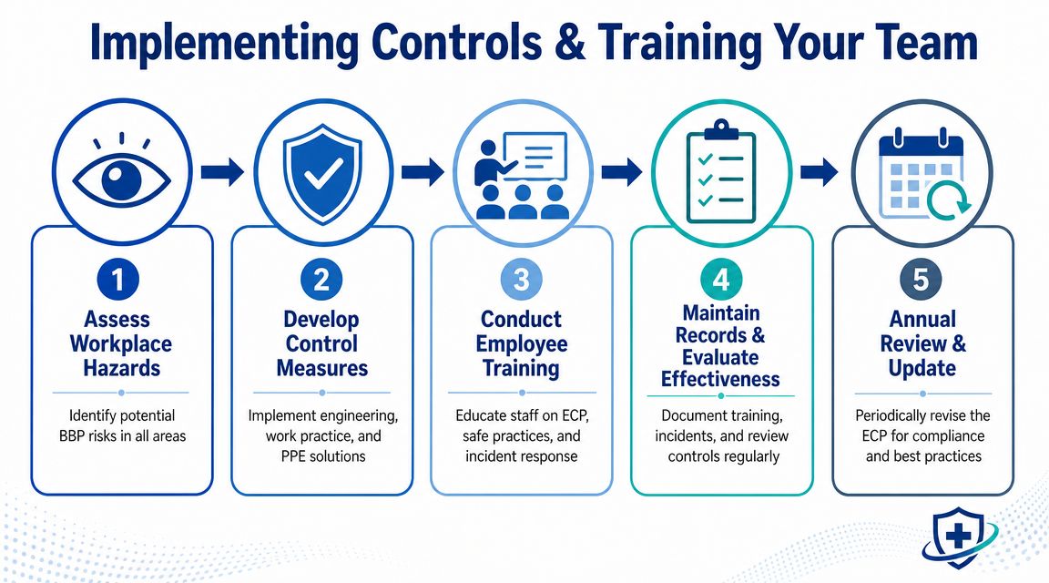 A five-step workflow infographic detailing the process for implementing a bloodborne pathogen exposure control plan in workplaces.
