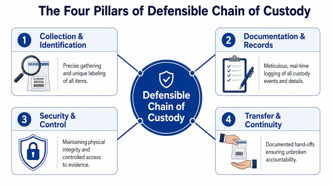 A diagram outlining the four pillars of a defensible chain of custody for evidence management.
