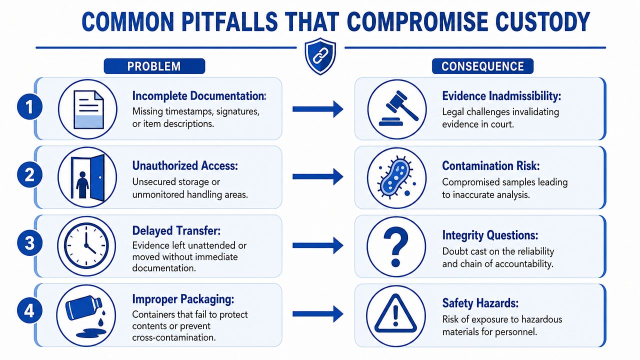 An infographic detailing four common pitfalls in chain of custody procedures and their resulting legal or safety consequences.