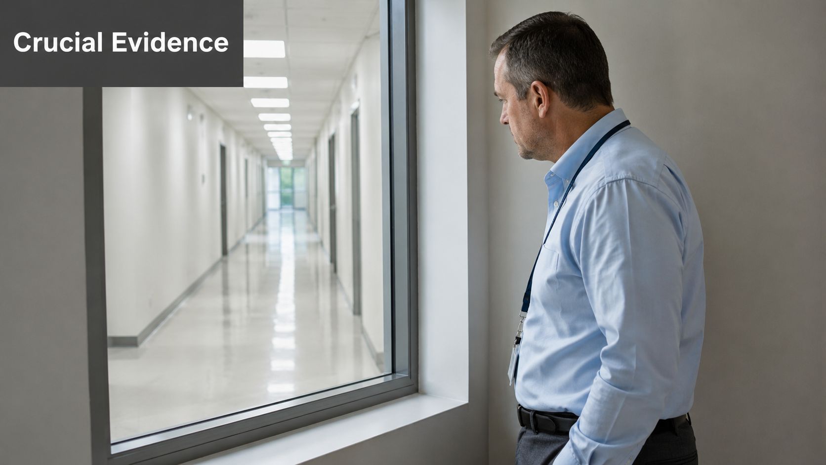A professional man in a dress shirt observes a long, empty hallway through a glass window.