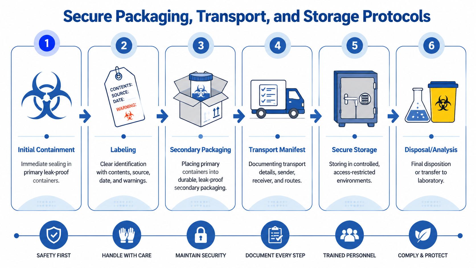 A six-step infographic detailing secure protocols for packaging, transporting, and storing hazardous biological materials safely.