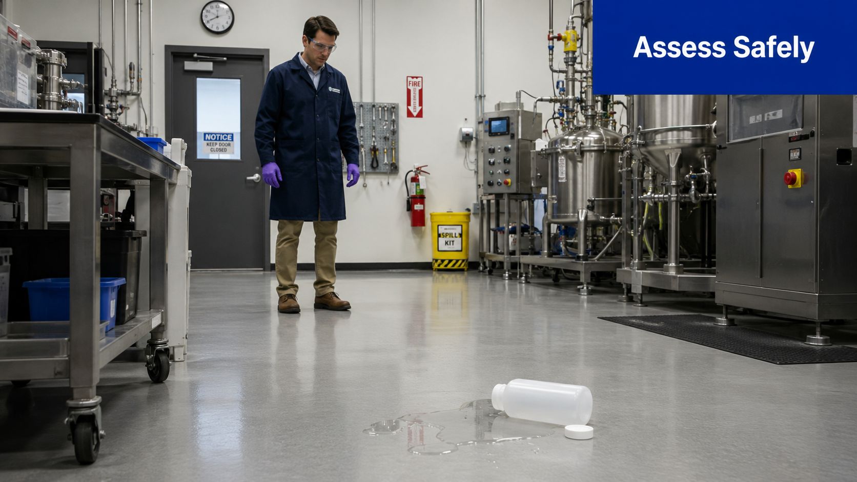 A laboratory worker standing near a chemical spill on the floor with a spill kit nearby.