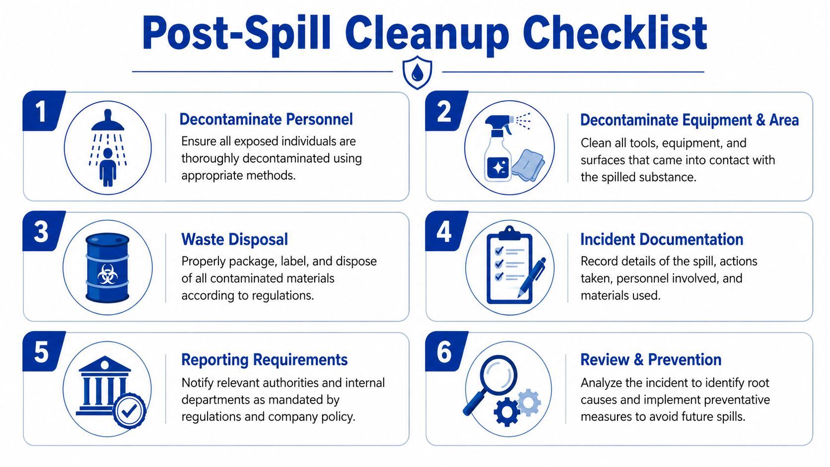 A six-step post-spill cleanup checklist infographic for safely managing and documenting hazardous substance spills.