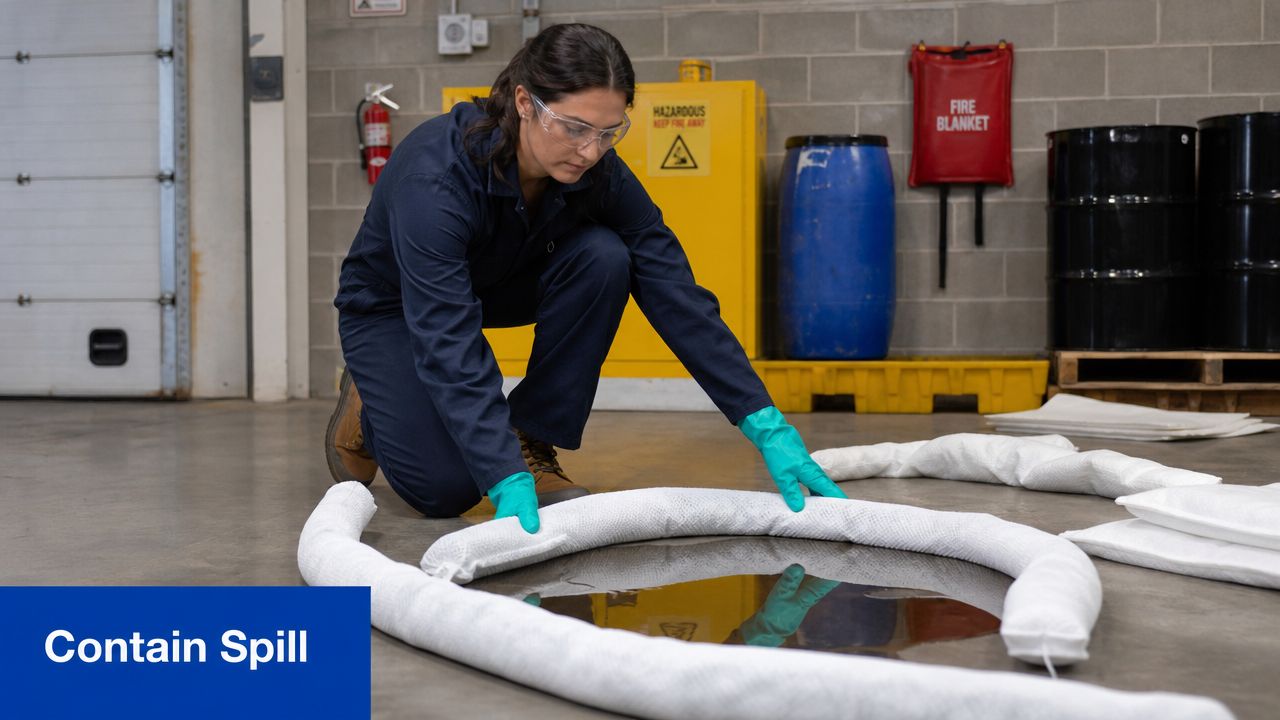 A female industrial worker in safety gear kneeling on the floor to contain a liquid spill.