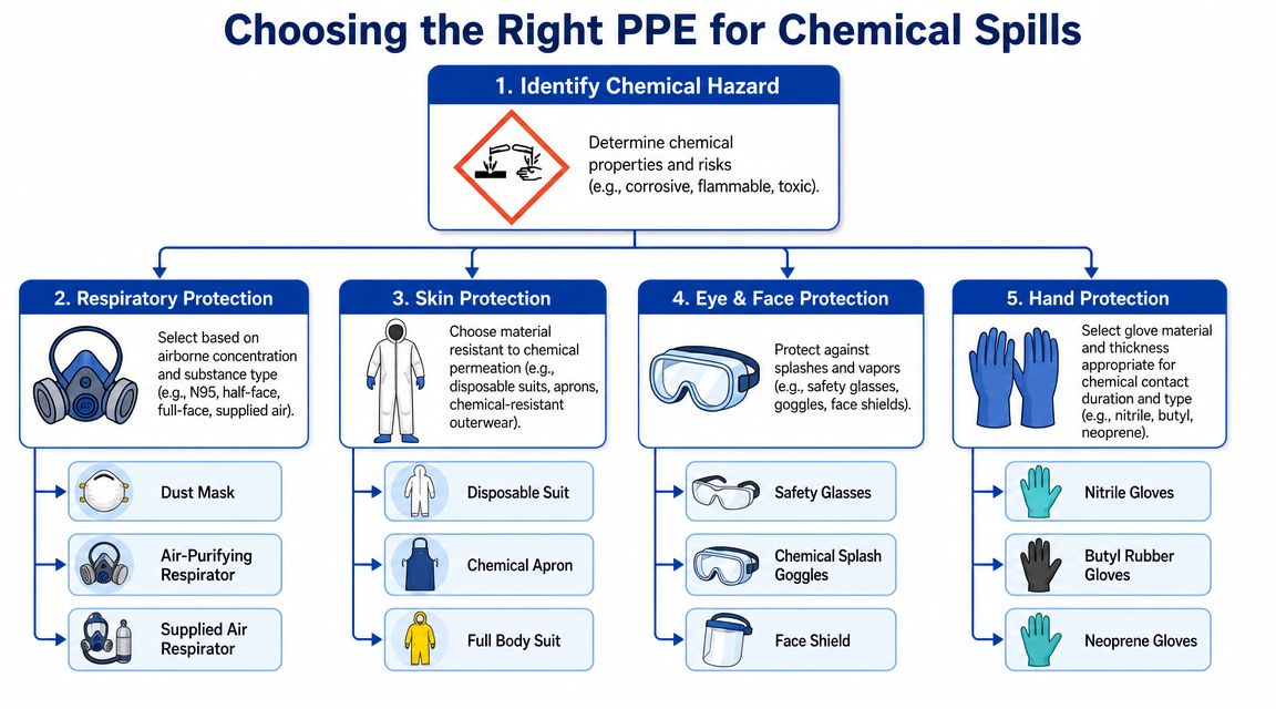 An infographic titled Choosing the Right PPE for Chemical Spills illustrating protective equipment selection steps.