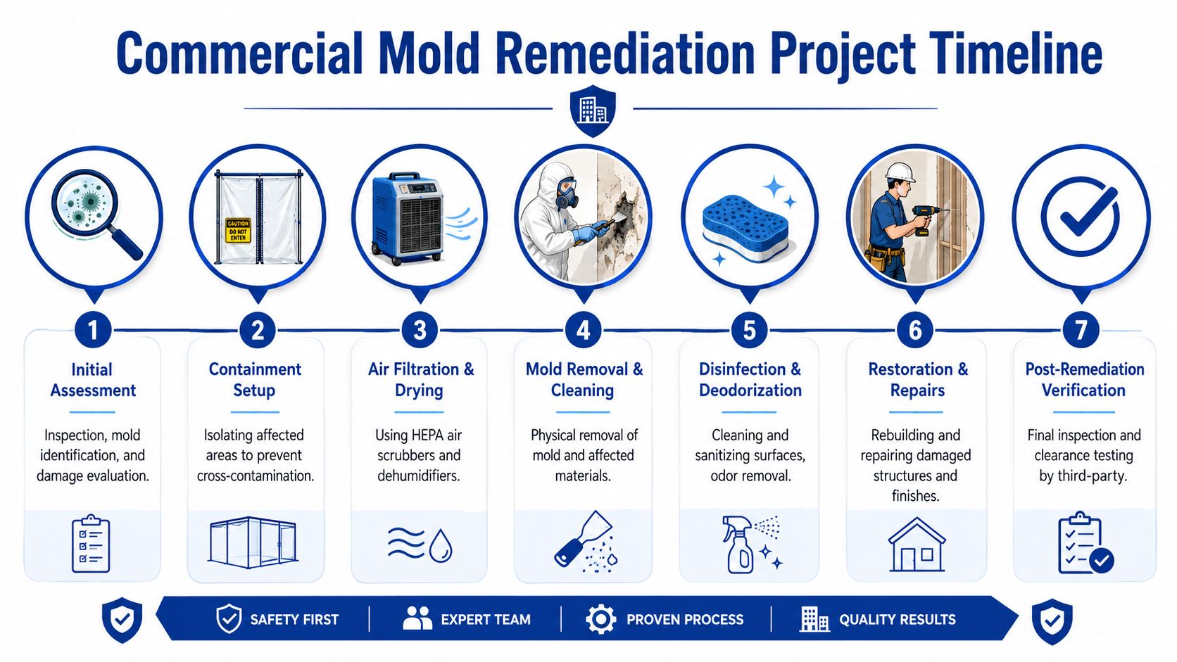 A commercial mold remediation project timeline infographic showing seven steps from initial assessment to post-remediation verification.