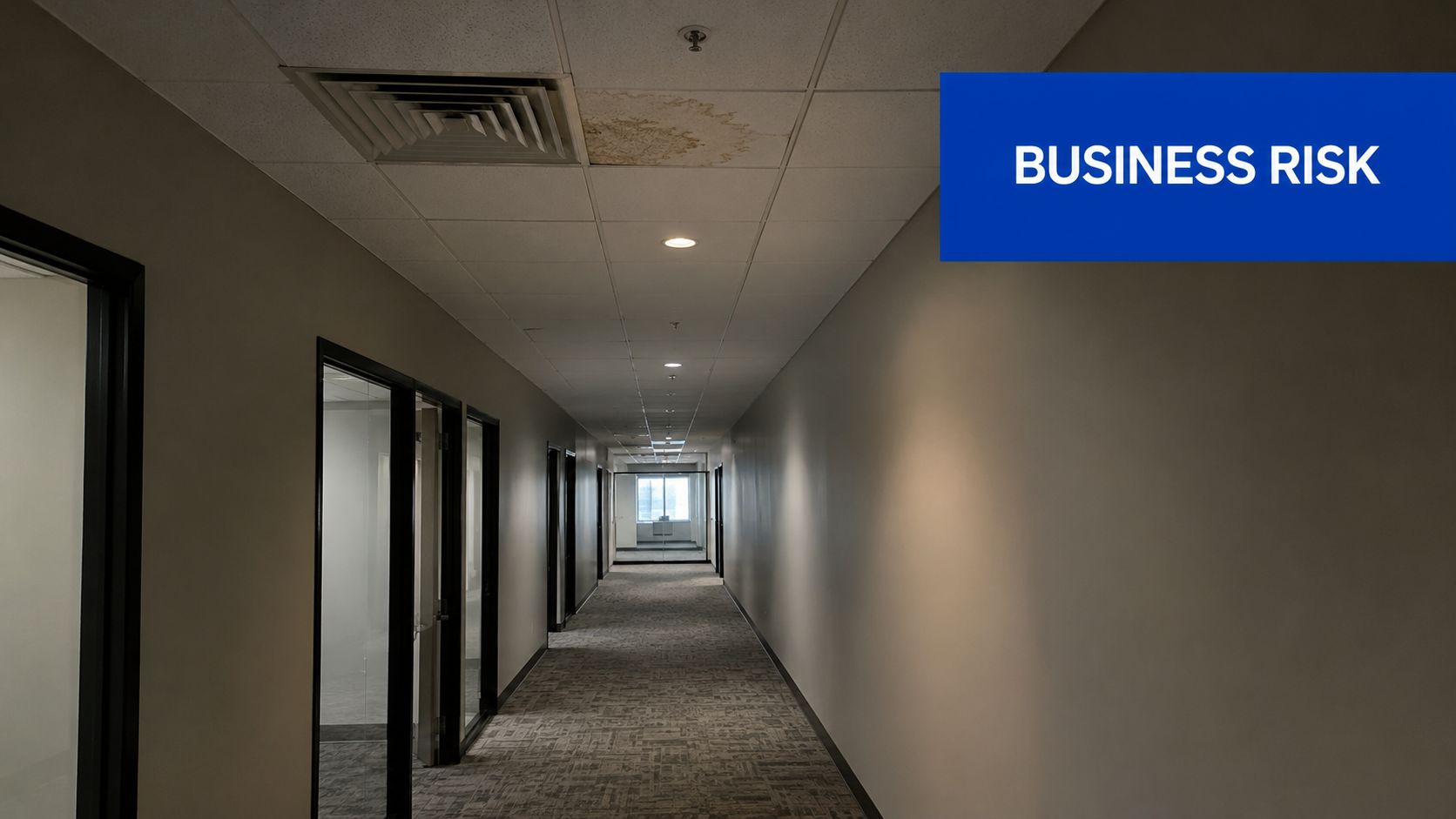 A long commercial office hallway featuring a prominent water stain on the ceiling tiles, indicating potential maintenance issues.