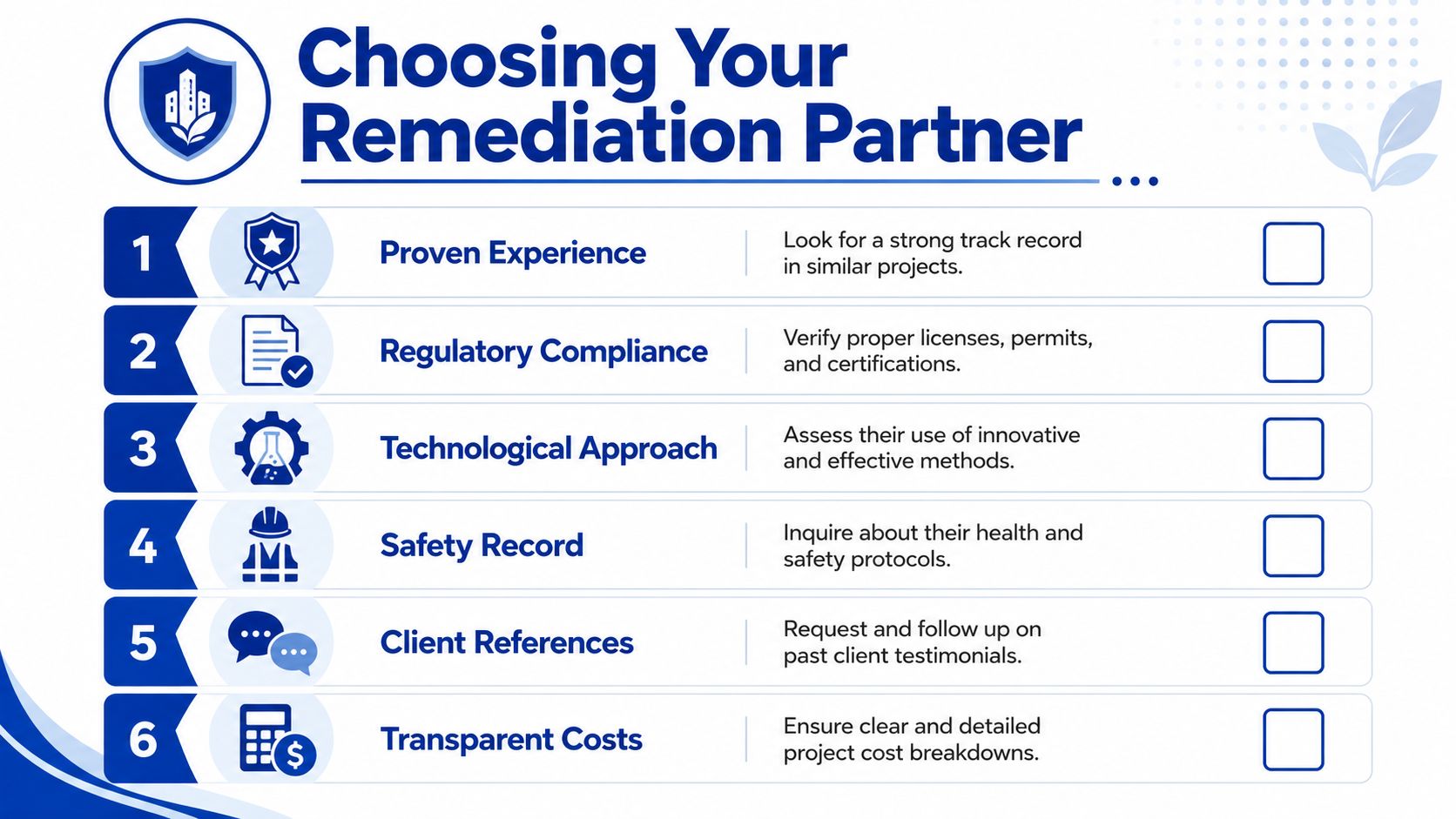A checklist infographic titled Choosing Your Remediation Partner, highlighting six key factors for selecting a professional environmental contractor.