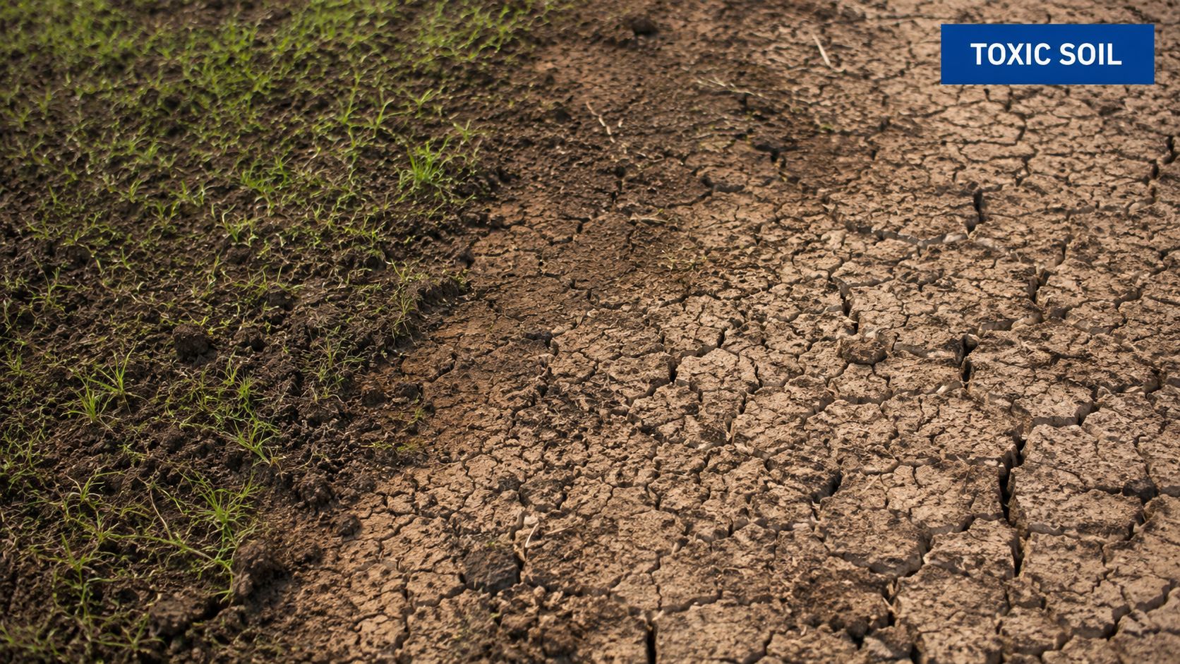 A split ground showing healthy green grass on the left and cracked dry earth on the right.