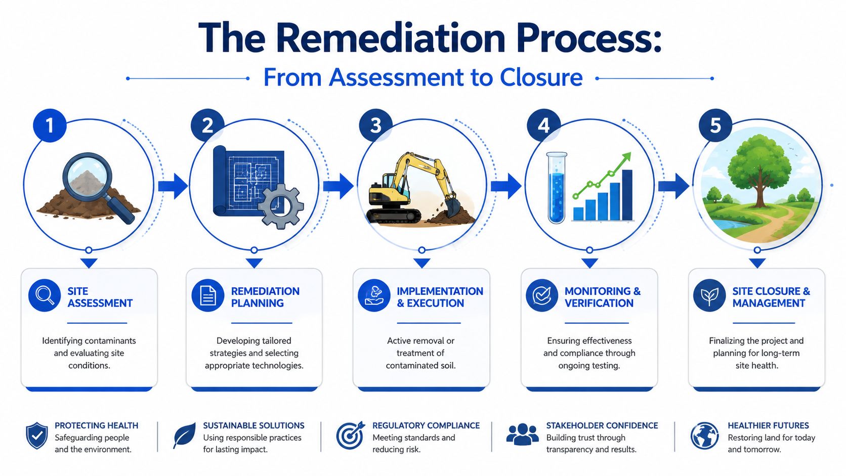 An infographic showing the five stages of the contaminated soil remediation process from assessment to final closure.