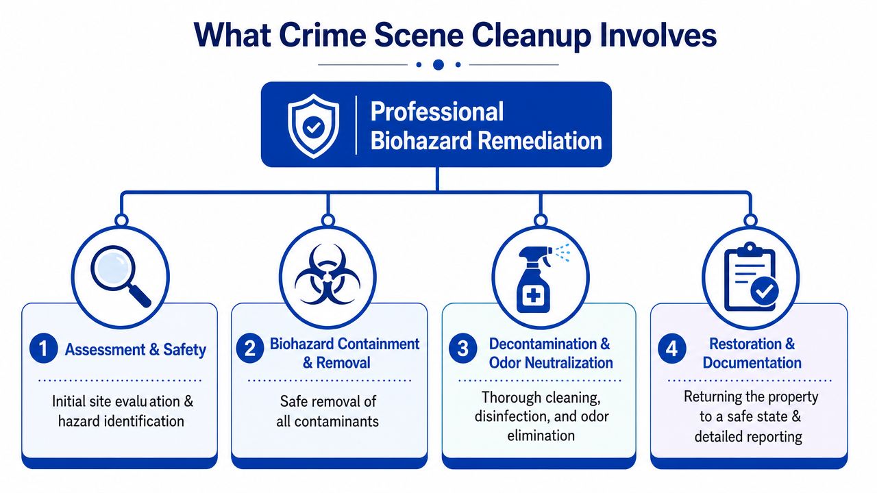 An infographic detailing the four-step process for professional crime scene biohazard cleanup and restoration.