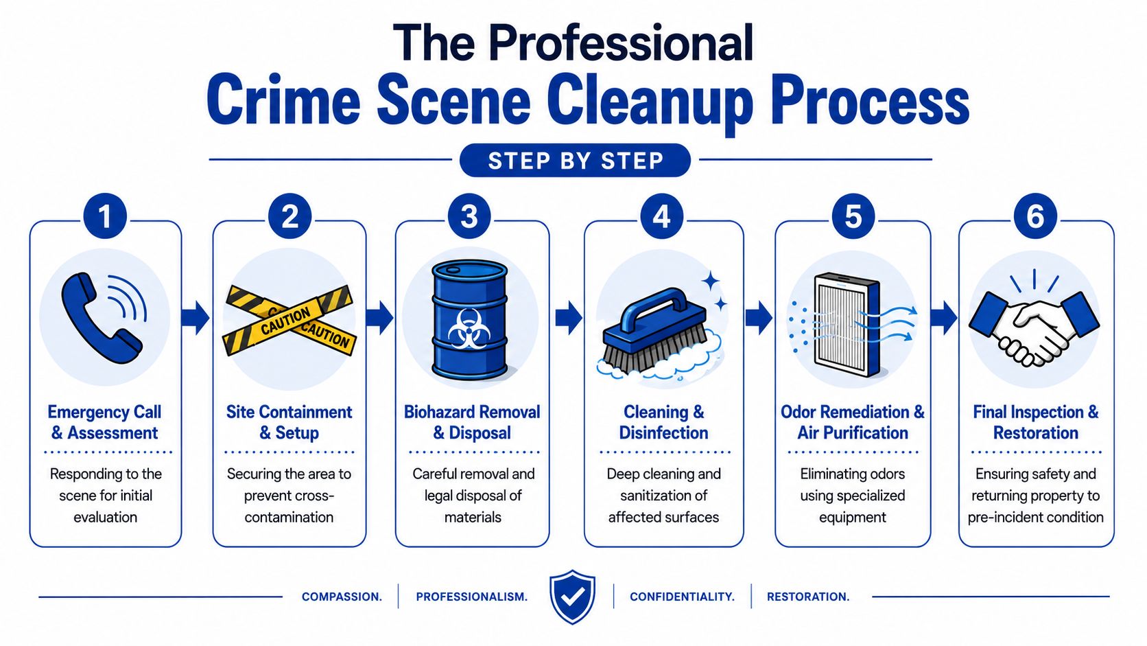 A professional infographic outlining the six step process for a comprehensive crime scene cleanup and restoration service.