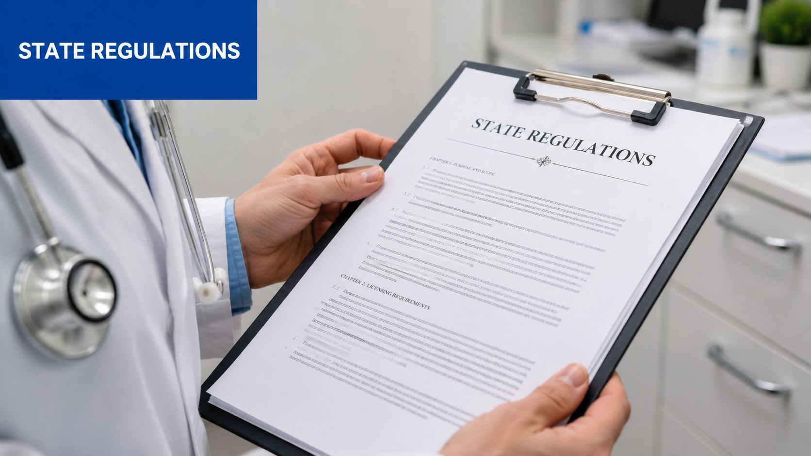 A doctor in a white coat holding a clipboard with state regulations documentation in a medical office.