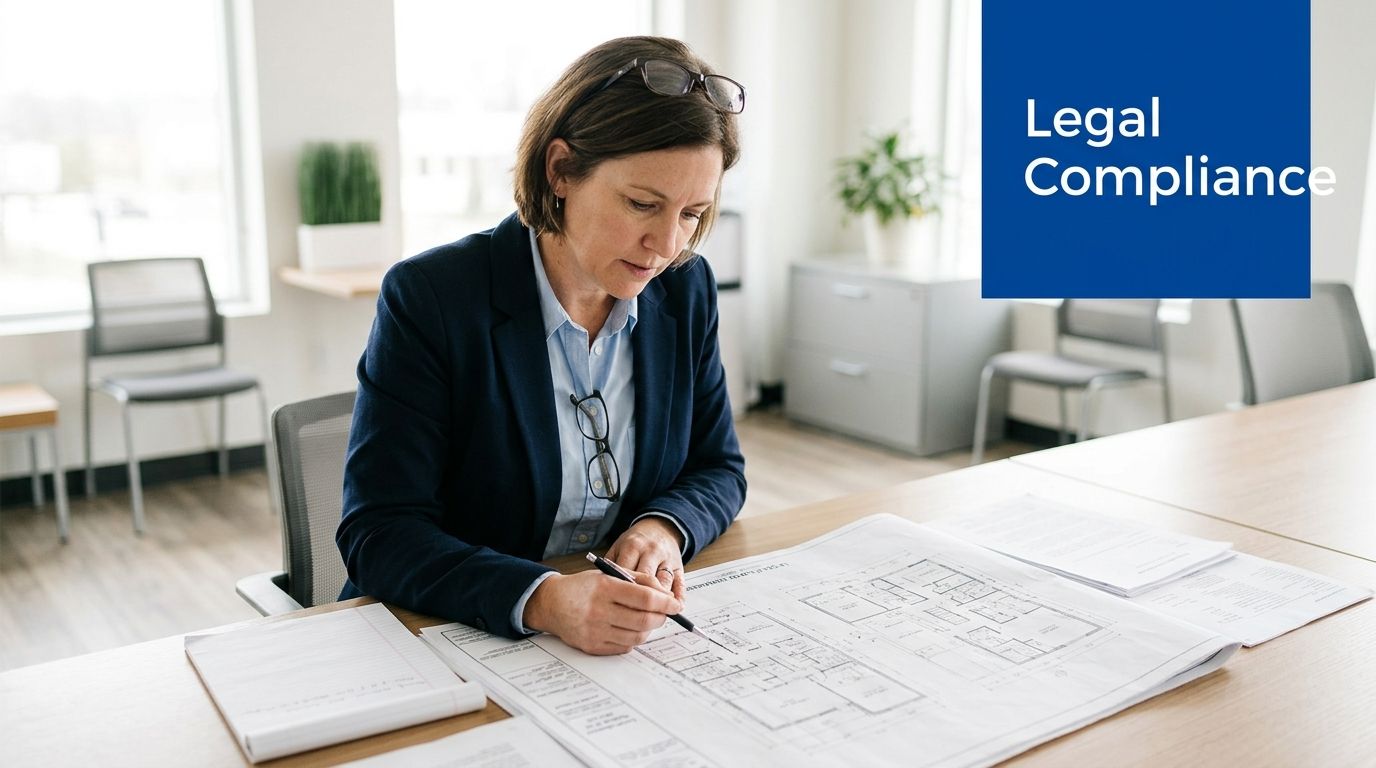 A professional woman in a blazer reviewing detailed blueprints while sitting at a desk in an office.