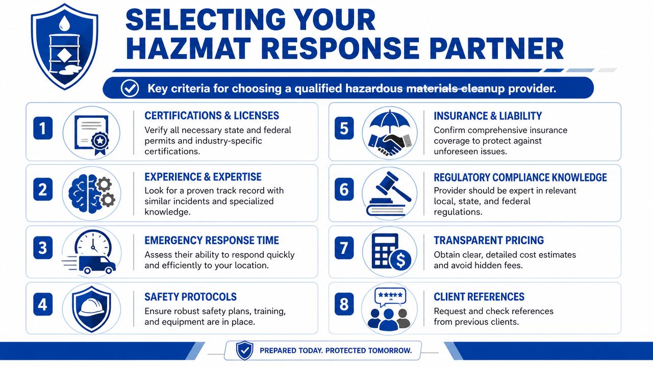 An infographic titled Selecting Your Hazmat Response Partner outlining eight key criteria for choosing a cleanup provider.