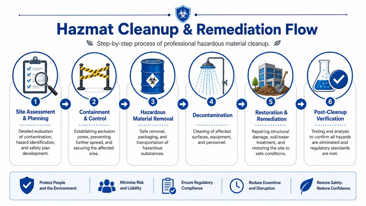 An infographic detailing the six-step process for professional hazardous material cleanup and site remediation.