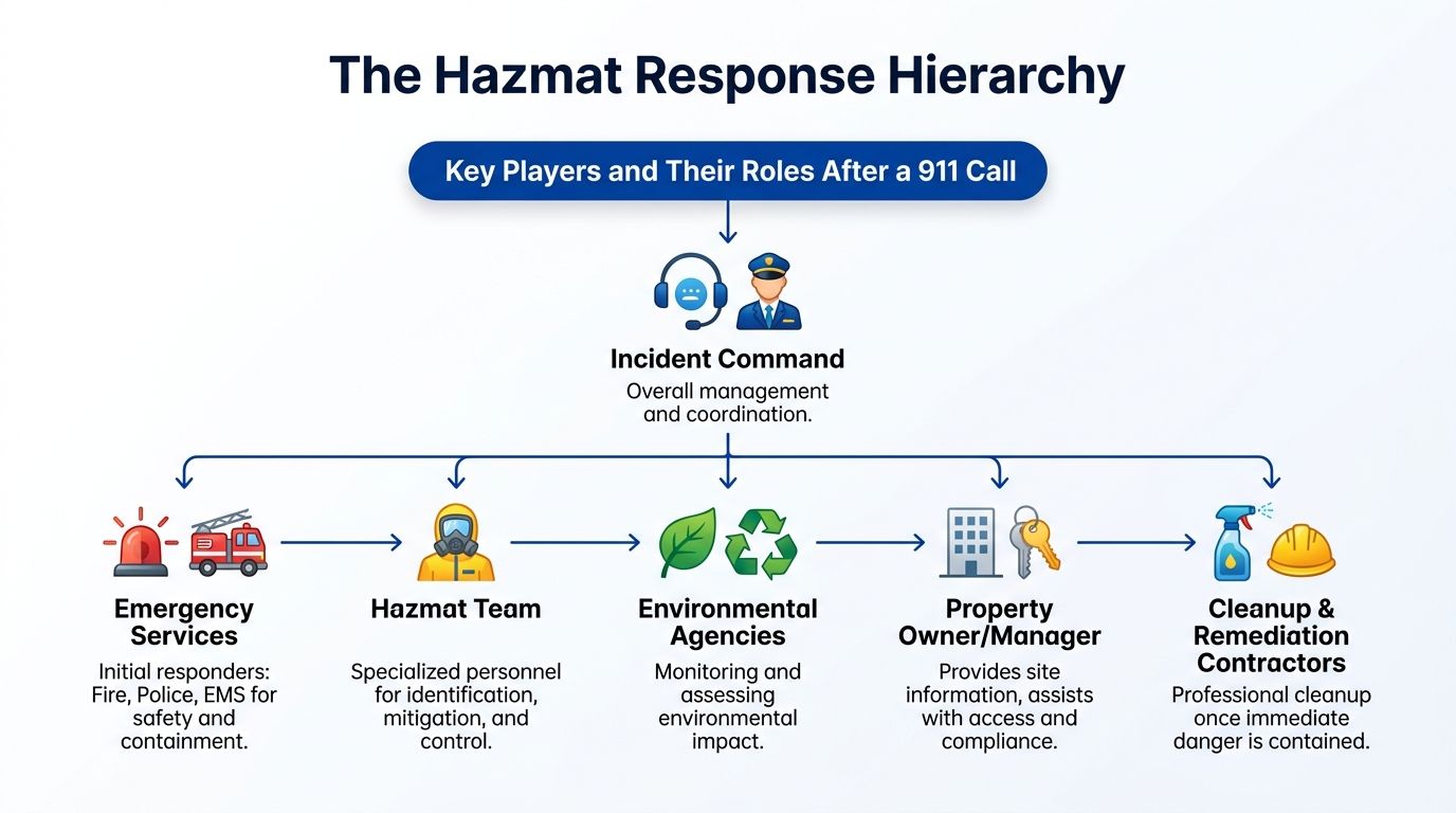 An organizational chart showing the roles of various responders during a hazardous materials emergency incident.