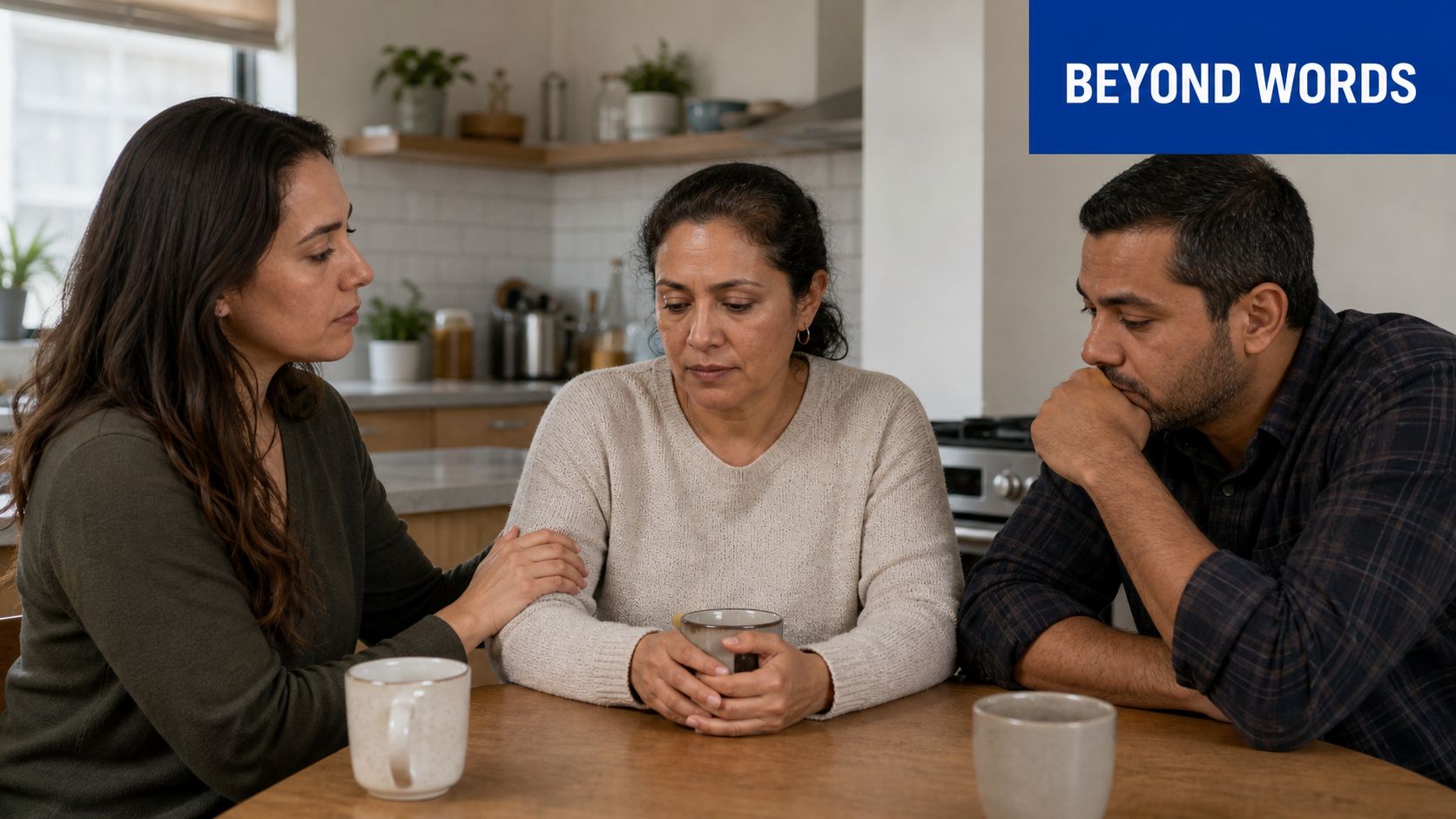 A woman comforts an older woman while a man looks on, representing emotional support for families.