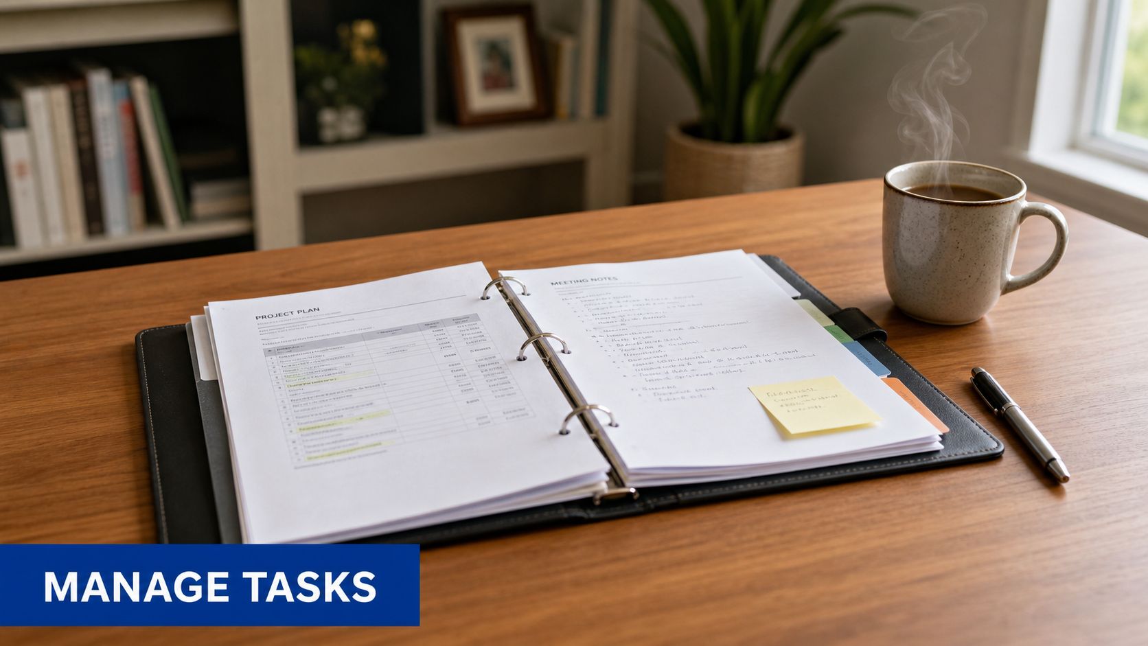A leather binder containing a project plan and meeting notes sits on a desk next to a coffee mug.