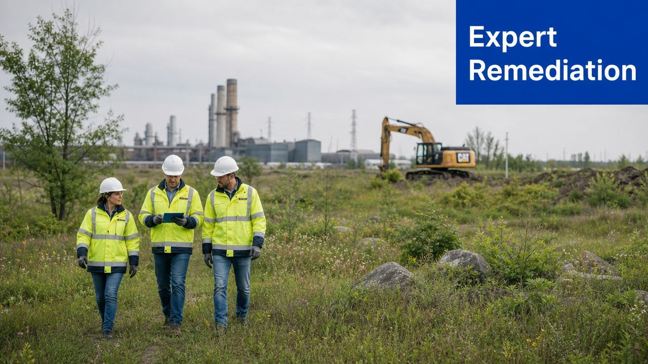 Three professionals in safety gear walk through a field during an environmental compliance assessment at a site.