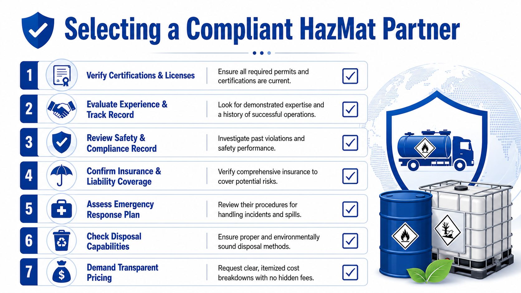 A checklist for selecting a compliant hazardous material transportation partner featuring seven essential safety and operational criteria.