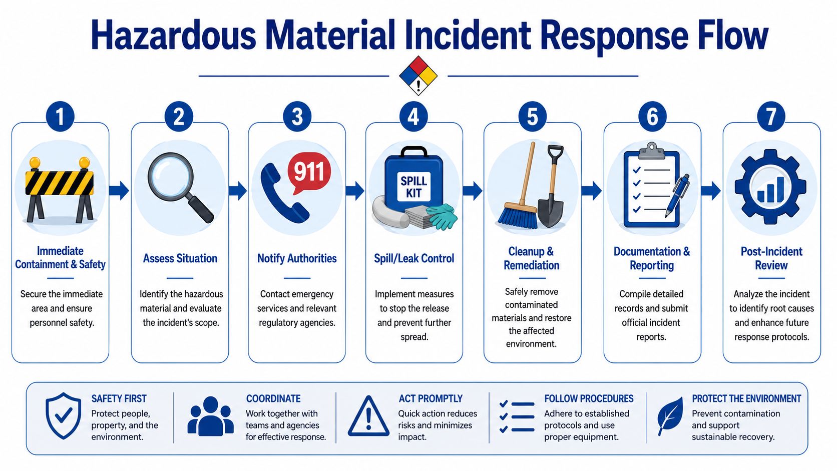 A flow chart illustrating the seven-step process for responding to a hazardous material incident safely.