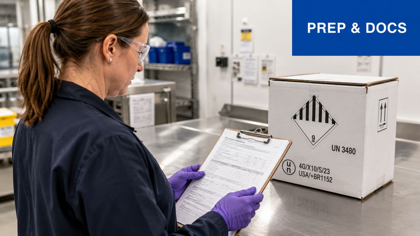 A professional wearing protective gear reviews documentation next to a hazardous material shipment box.